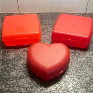 Set of 3 Vintage Tupperware sandwich keepers Red Heart and Square Containers